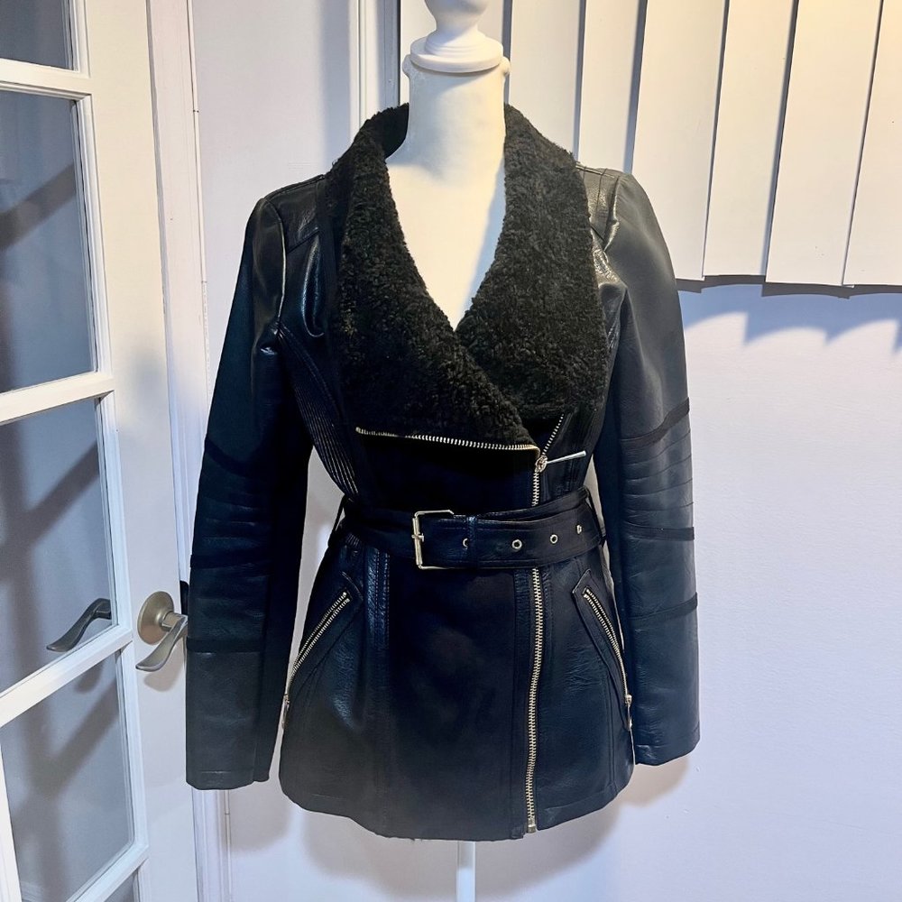 GUESS Black Faux Leather & Suede Jacket Sz S euc